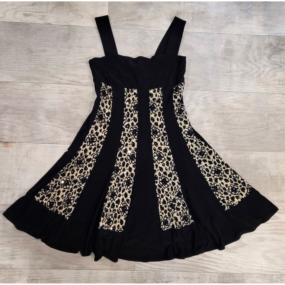 Frank Lyman Design Sz 8 Black Gold Sequin Sleeveless Lined Cocktail Swing Dress